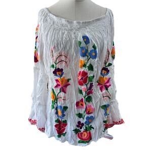 Ruby Yaya Embroidered Blouse Size XL White Floral Boho Peasant Top Colorful